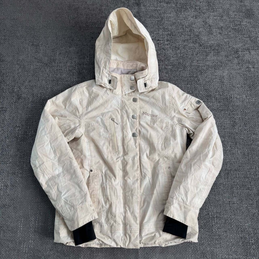 Marmot MemBrain Ski Jacket Womens Medium Cream Tan Grid Hooded Waterproof Shell